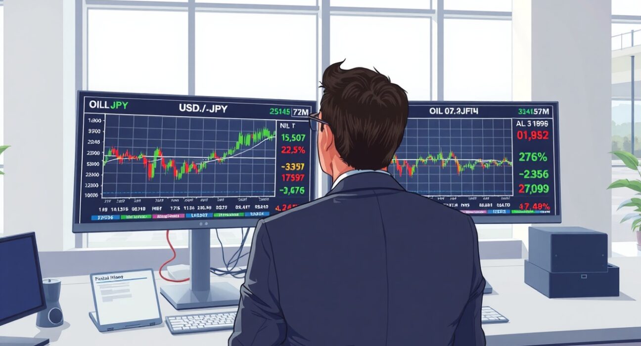 Trader analyzing USD/JPY currency pair and oil price movements on financial trading desk monitors