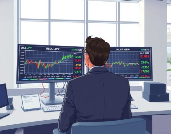 Trader analyzing USD/JPY currency pair and oil price movements on financial trading desk monitors