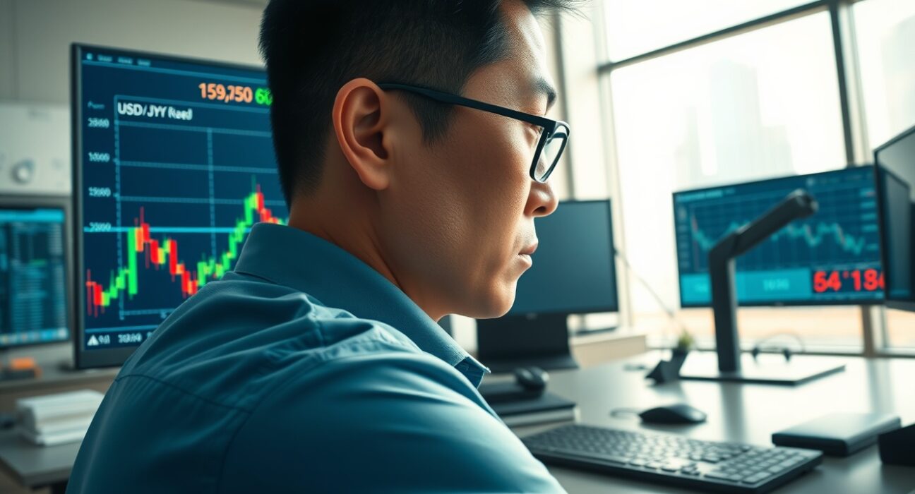 Forex trader analyzing USD/JPY chart showing gains above 159.50 in risk-off market conditions.