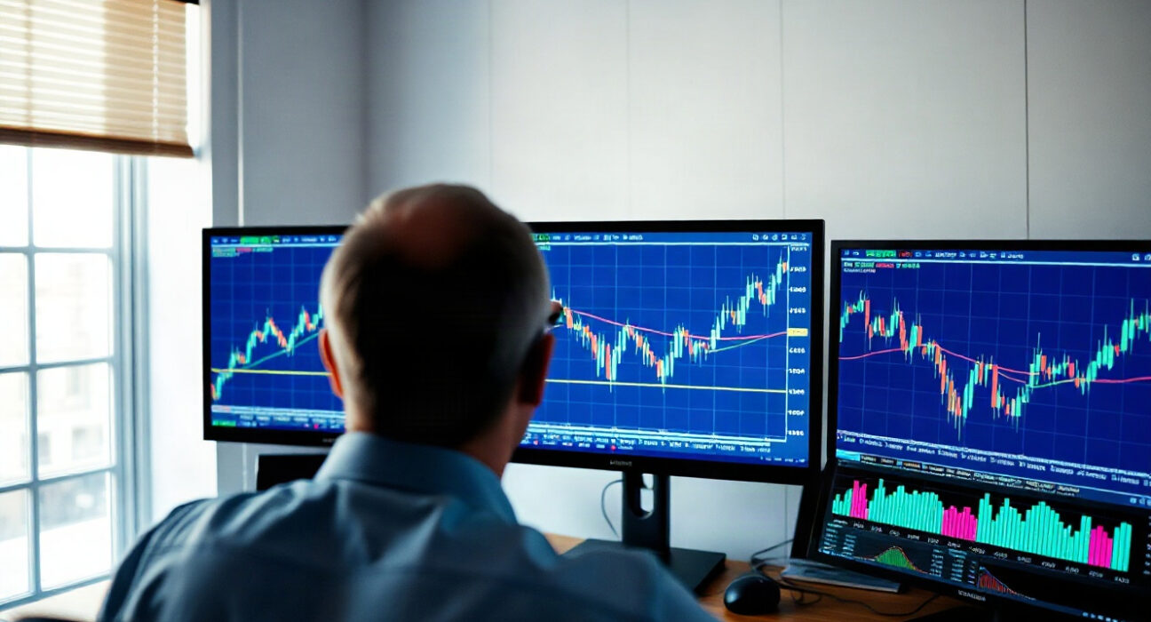 Analyst reviewing technical charts for USD/JPY, Gold, and US100 on multiple monitors
