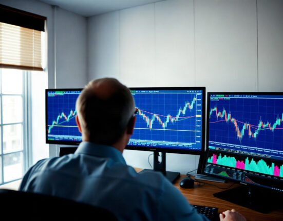 Analyst reviewing technical charts for USD/JPY, Gold, and US100 on multiple monitors