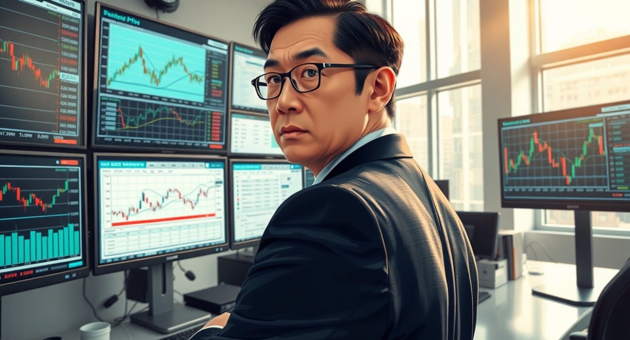 Financial analyst monitoring USD/JPY currency charts amid Bank of Japan policy shifts affecting multi-decade highs.