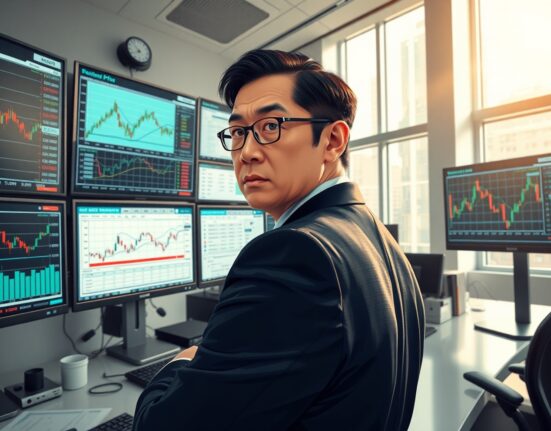 Financial analyst monitoring USD/JPY currency charts amid Bank of Japan policy shifts affecting multi-decade highs.