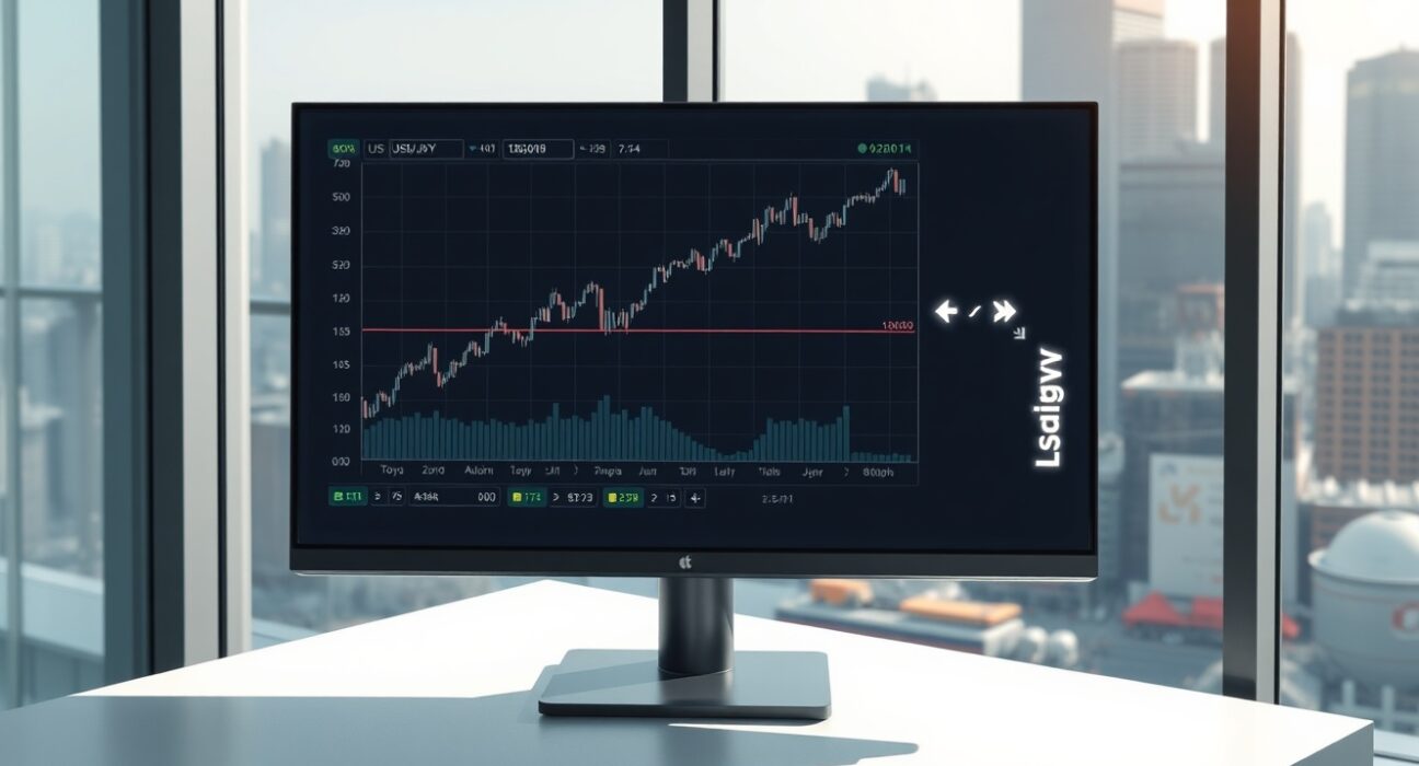 USD/JPY exchange rate chart showing an upward trend on a trading desk in Tokyo.