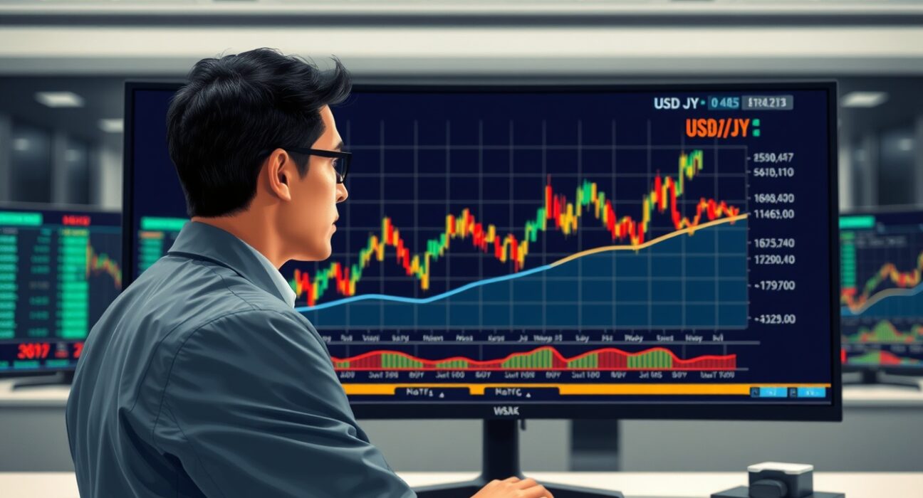 Financial analyst reviewing USD/JPY exchange rate chart for market insights.