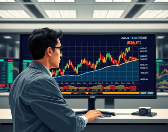 Financial analyst reviewing USD/JPY exchange rate chart for market insights.