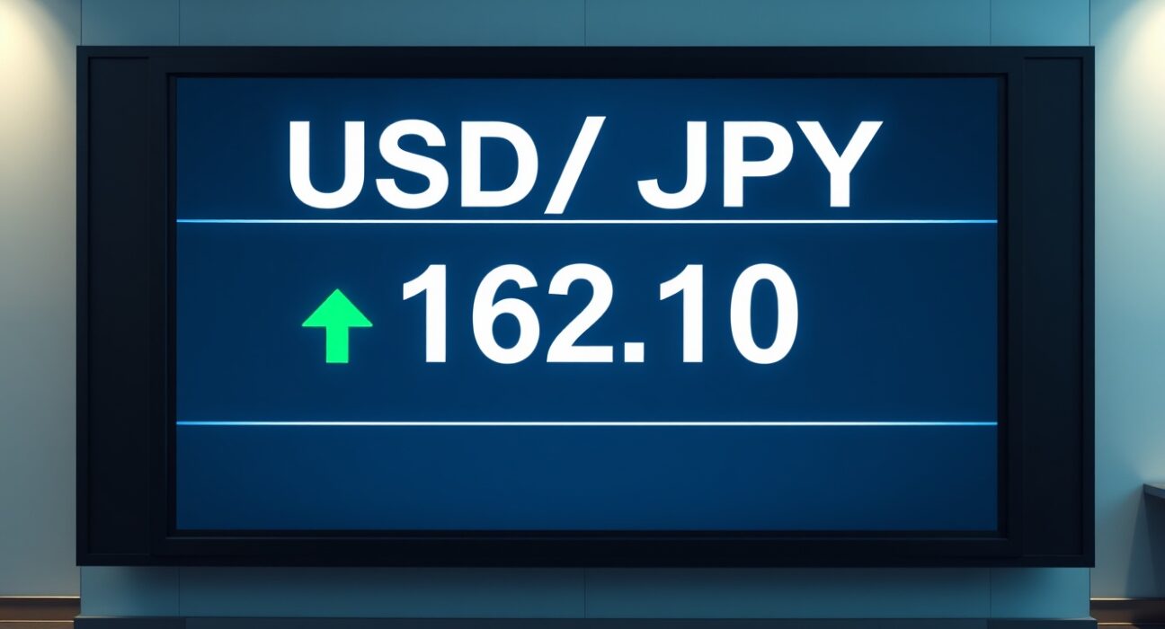 Forex trading board showing USD/JPY exchange rate at 162.10 with breakout above 162.00
