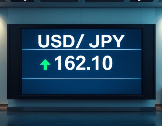 Forex trading board showing USD/JPY exchange rate at 162.10 with breakout above 162.00