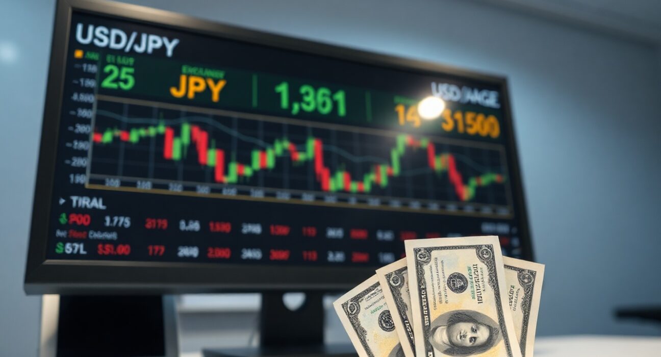 USD/JPY exchange rate charts on a screen with yen and dollar banknotes