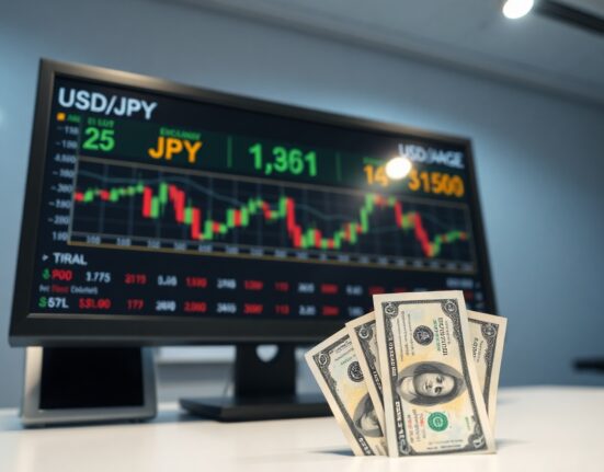 USD/JPY exchange rate charts on a screen with yen and dollar banknotes