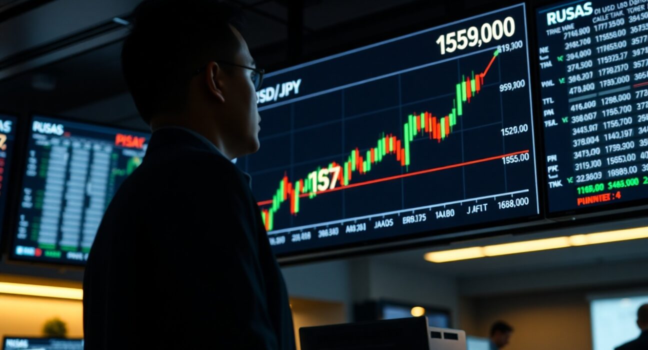 Trader observing USD/JPY chart near 159.00 level on trading floor screens