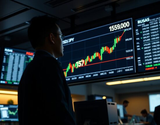 Trader observing USD/JPY chart near 159.00 level on trading floor screens