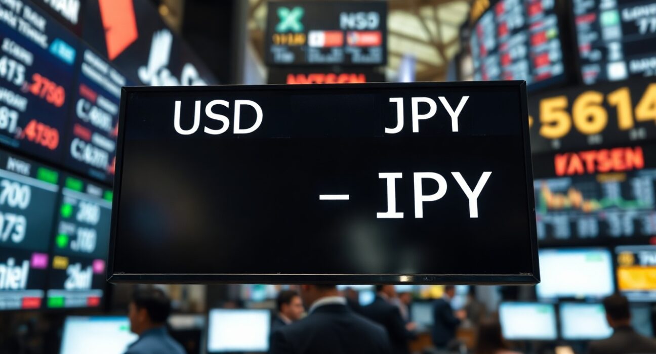 Digital currency exchange board showing USD/JPY rates in a financial district