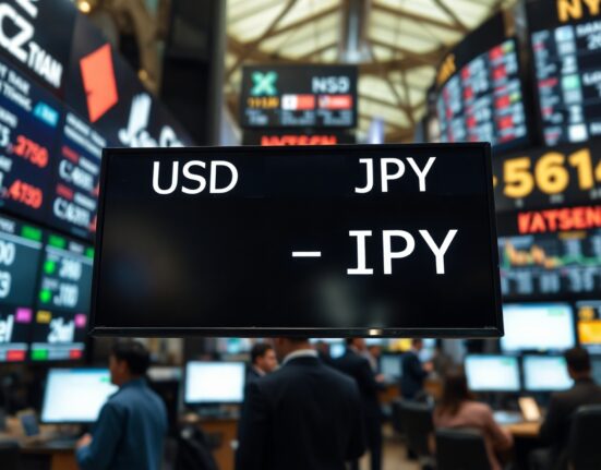 Digital currency exchange board showing USD/JPY rates in a financial district