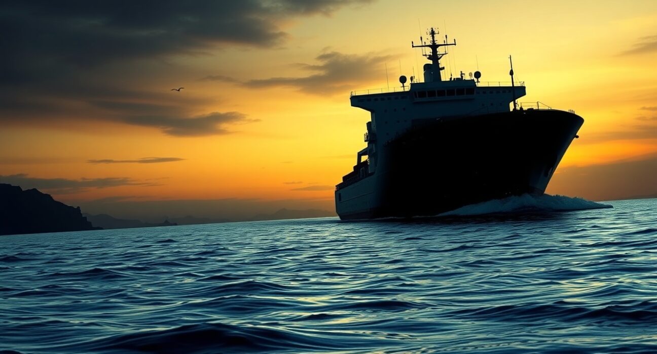 Cargo ship navigating the strategic Strait of Hormuz during geopolitical tensions affecting USD/JPY.