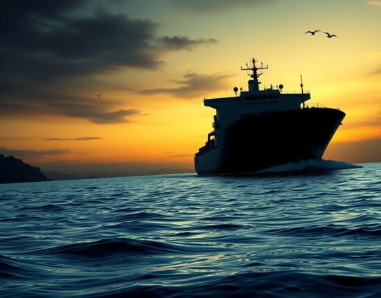 Cargo ship navigating the strategic Strait of Hormuz during geopolitical tensions affecting USD/JPY.