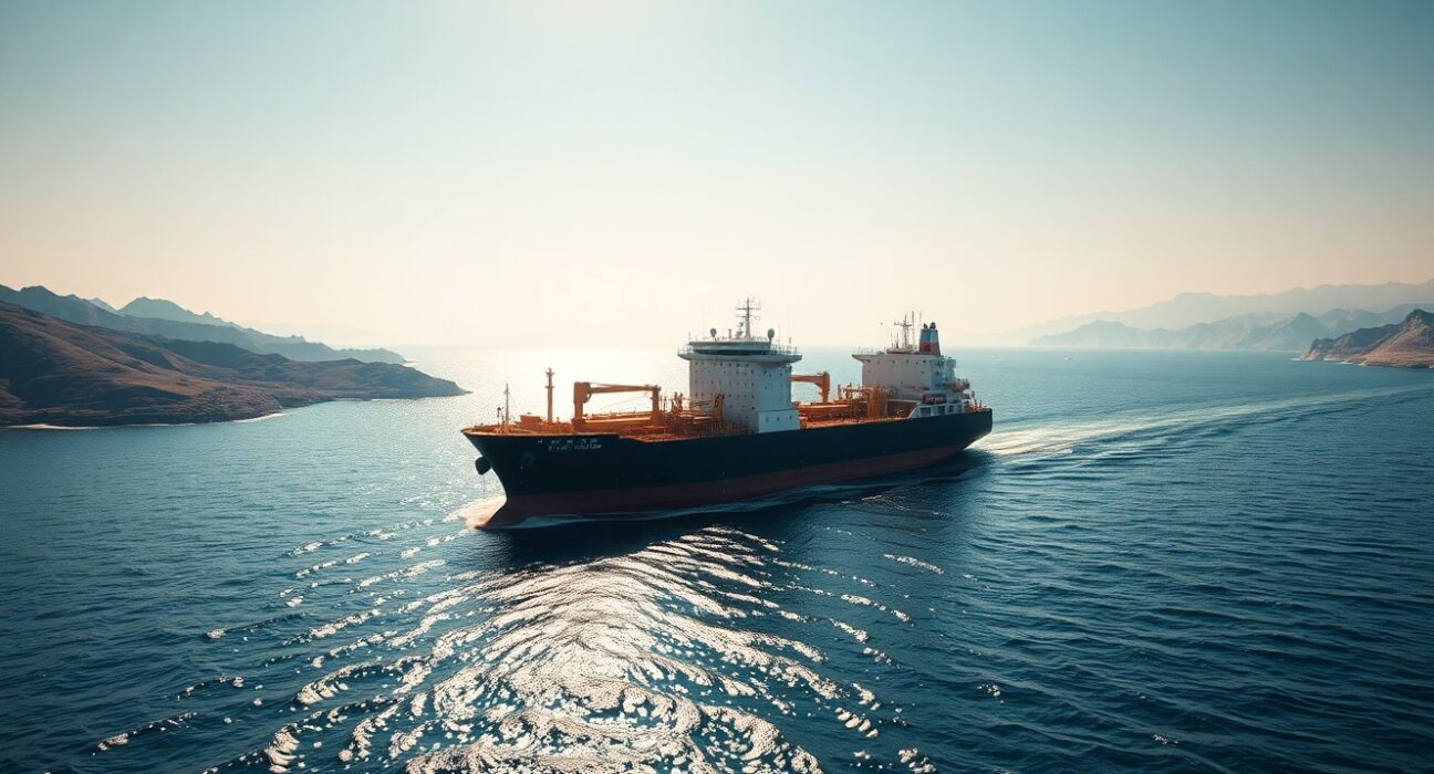 Oil tanker in the Strait of Hormuz as Iran reopens the crucial shipping lane, impacting USD/JPY and crude prices.