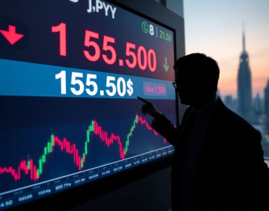 USD/JPY exchange rate chart showing sharp decline to 155.50 after alleged Bank of Japan intervention