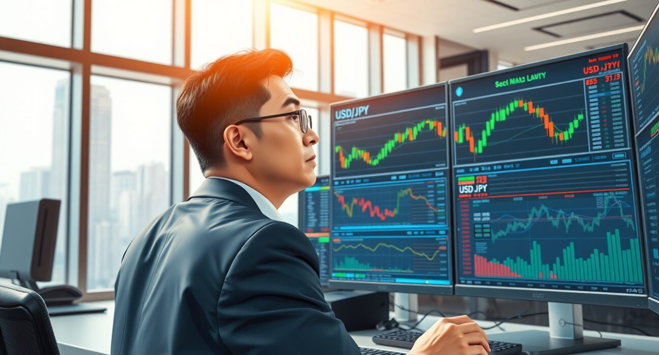 Professional trader analyzing USD/JPY currency charts in Tokyo financial district