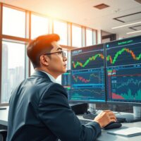Professional trader analyzing USD/JPY currency charts in Tokyo financial district