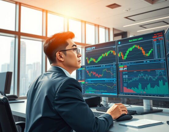Professional trader analyzing USD/JPY currency charts in Tokyo financial district