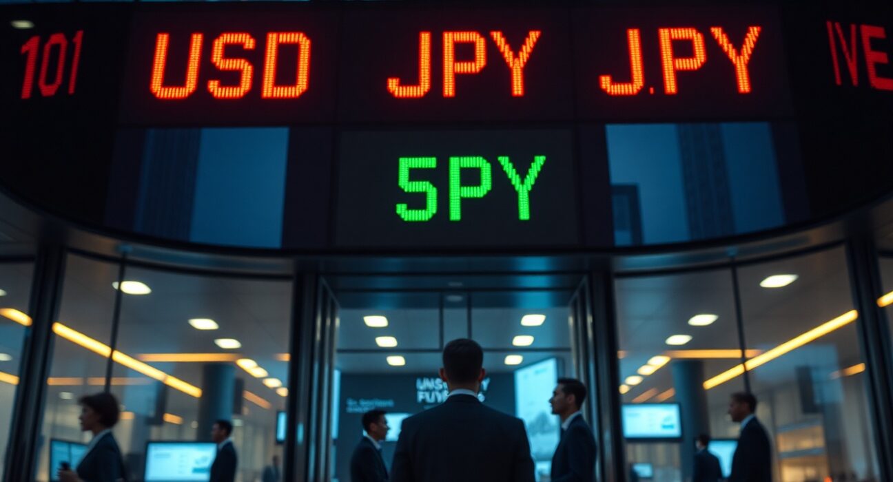 Digital currency exchange board showing USD/JPY rates in a financial district setting