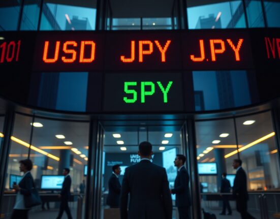 Digital currency exchange board showing USD/JPY rates in a financial district setting