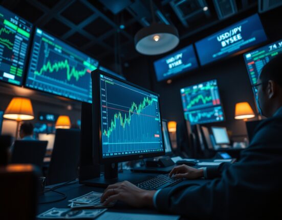 Forex trading desk monitors showing USD/JPY chart with rising trend and Japanese yen and US dollar banknotes