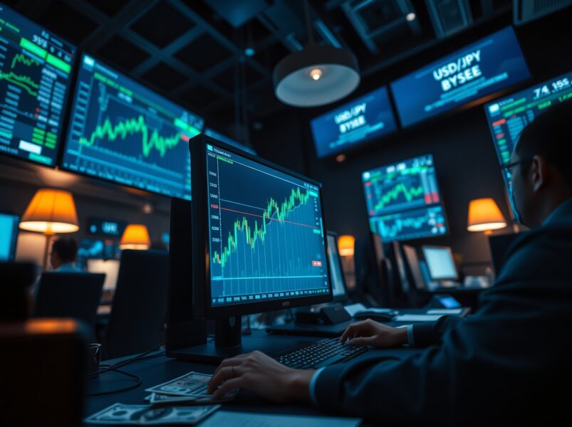 Forex trading desk monitors showing USD/JPY chart with rising trend and Japanese yen and US dollar banknotes