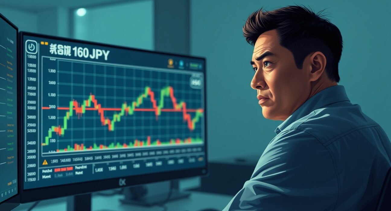Trader analyzing USD/JPY forex chart as currency nears key 160 level, highlighting market tension.