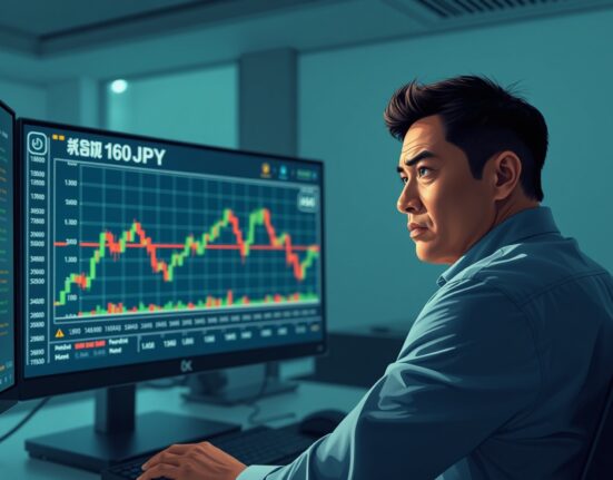 Trader analyzing USD/JPY forex chart as currency nears key 160 level, highlighting market tension.