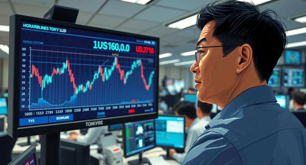 Forex trader in Tokyo monitors volatile USD/JPY chart below 160.00 ahead of key economic data.