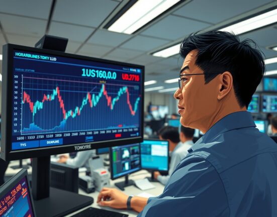 Forex trader in Tokyo monitors volatile USD/JPY chart below 160.00 ahead of key economic data.