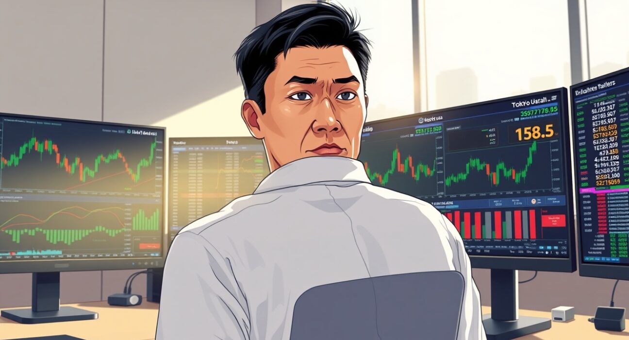 Forex trader in Tokyo monitors USD/JPY charts amid currency intervention talks.