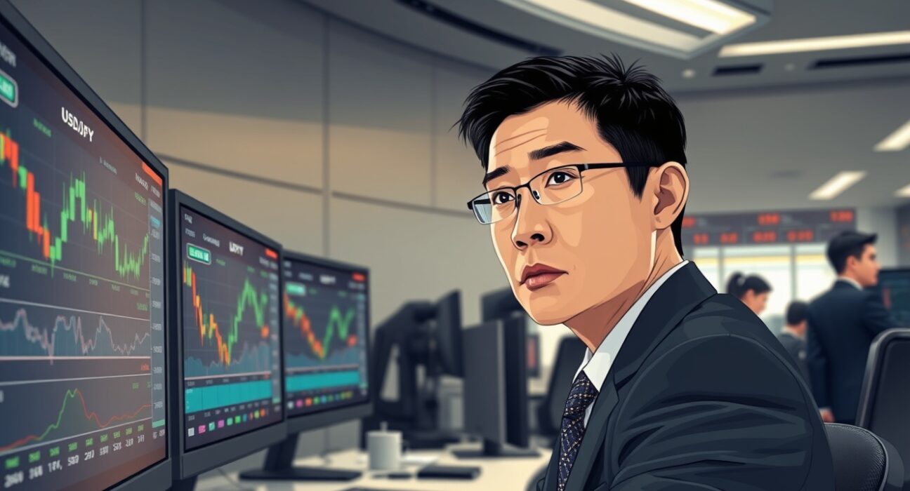 Financial analyst monitoring USD/JPY currency charts on trading desk for intervention risk assessment