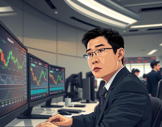 Financial analyst monitoring USD/JPY currency charts on trading desk for intervention risk assessment