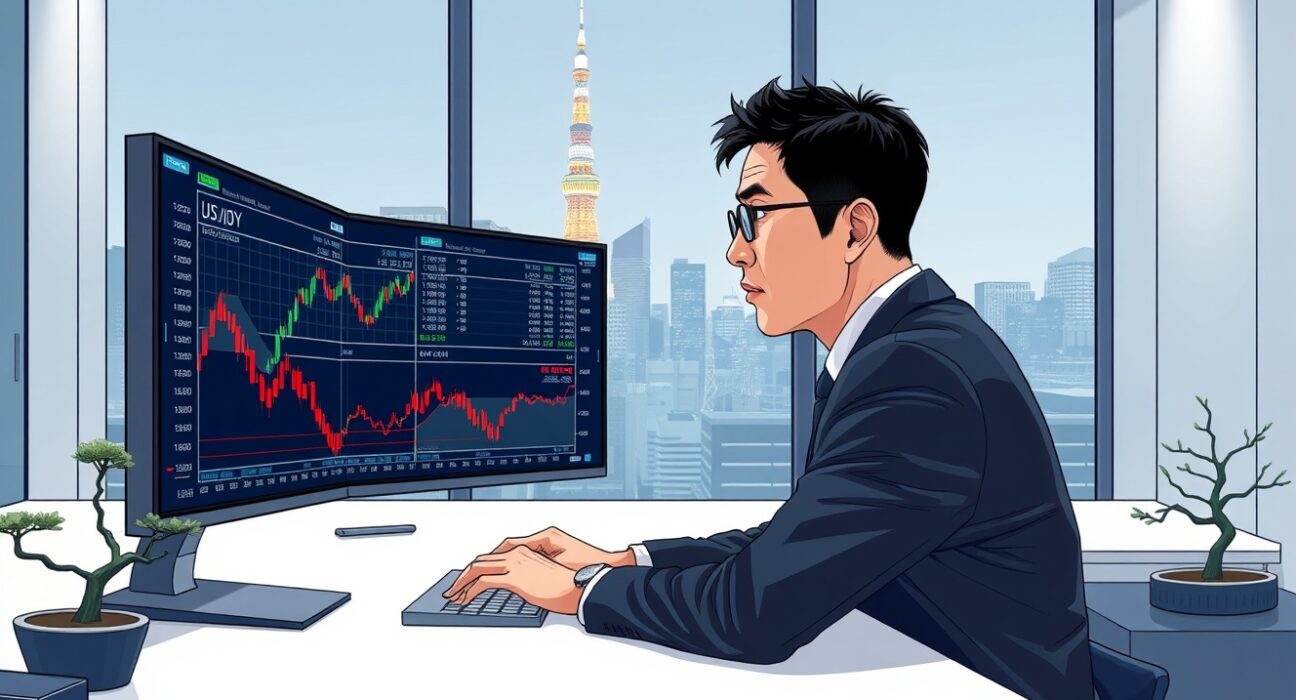 Financial analyst monitoring USD/JPY currency charts and Bank of Japan intervention data in Tokyo trading office