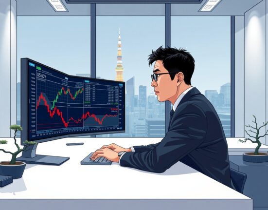 Financial analyst monitoring USD/JPY currency charts and Bank of Japan intervention data in Tokyo trading office
