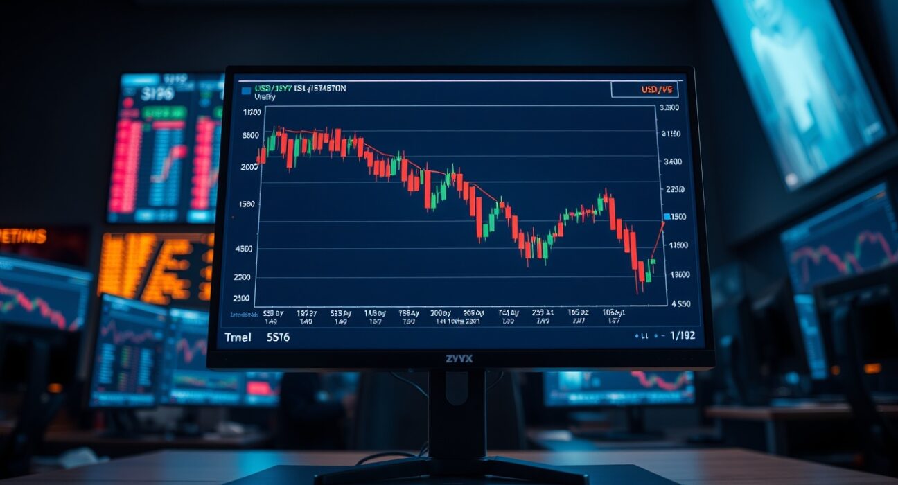 Financial trading desk monitors displaying USD/JPY chart with sharp volatility suggesting intervention risk.