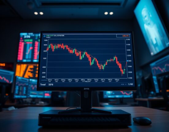 Financial trading desk monitors displaying USD/JPY chart with sharp volatility suggesting intervention risk.