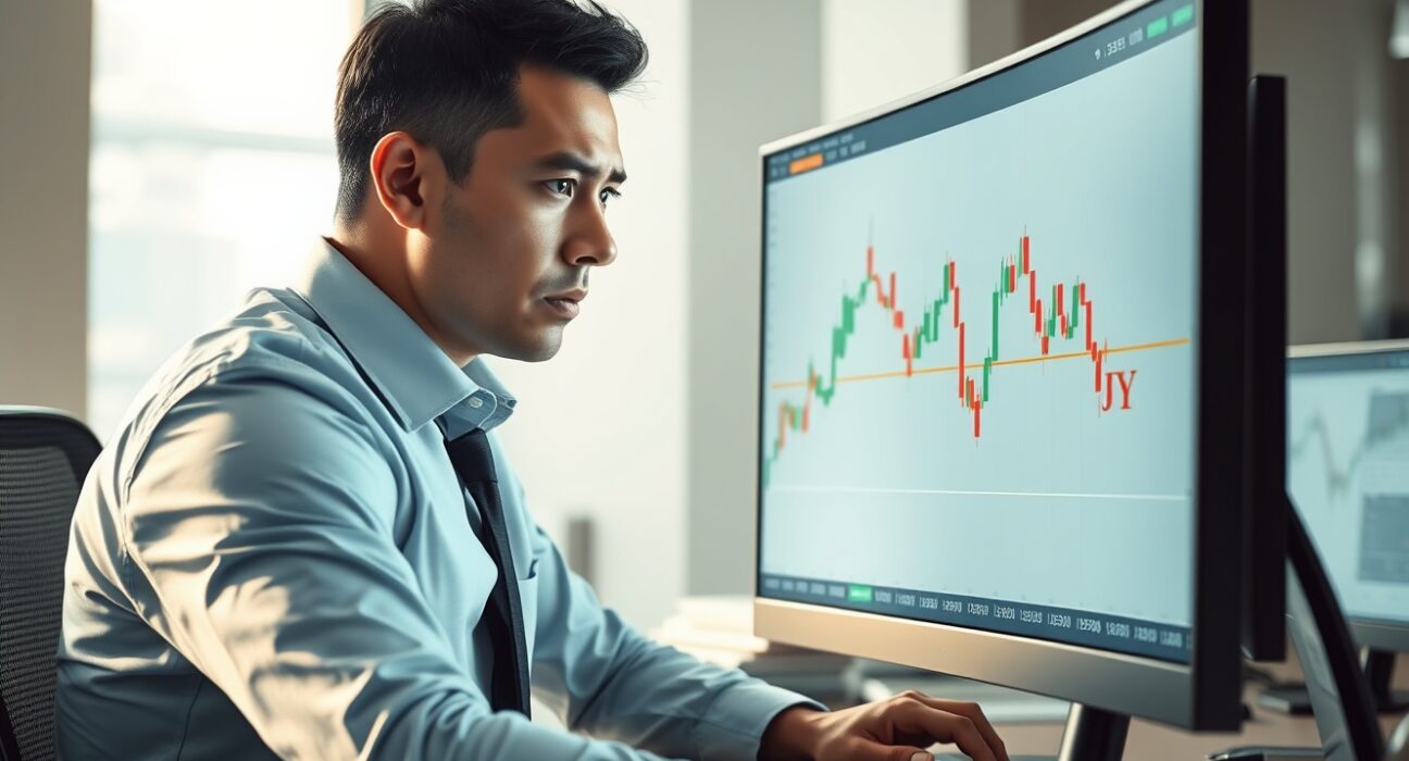Financial analyst monitoring USD/JPY intervention risk on trading terminal with yen chart.