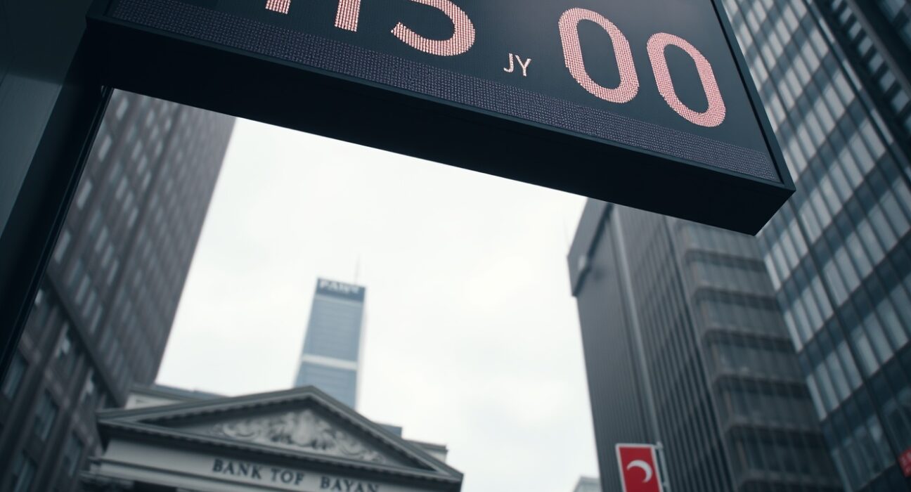 Currency exchange board in Tokyo showing USD/JPY rate near 155, with Bank of Japan building in background