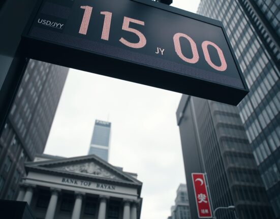 Currency exchange board in Tokyo showing USD/JPY rate near 155, with Bank of Japan building in background
