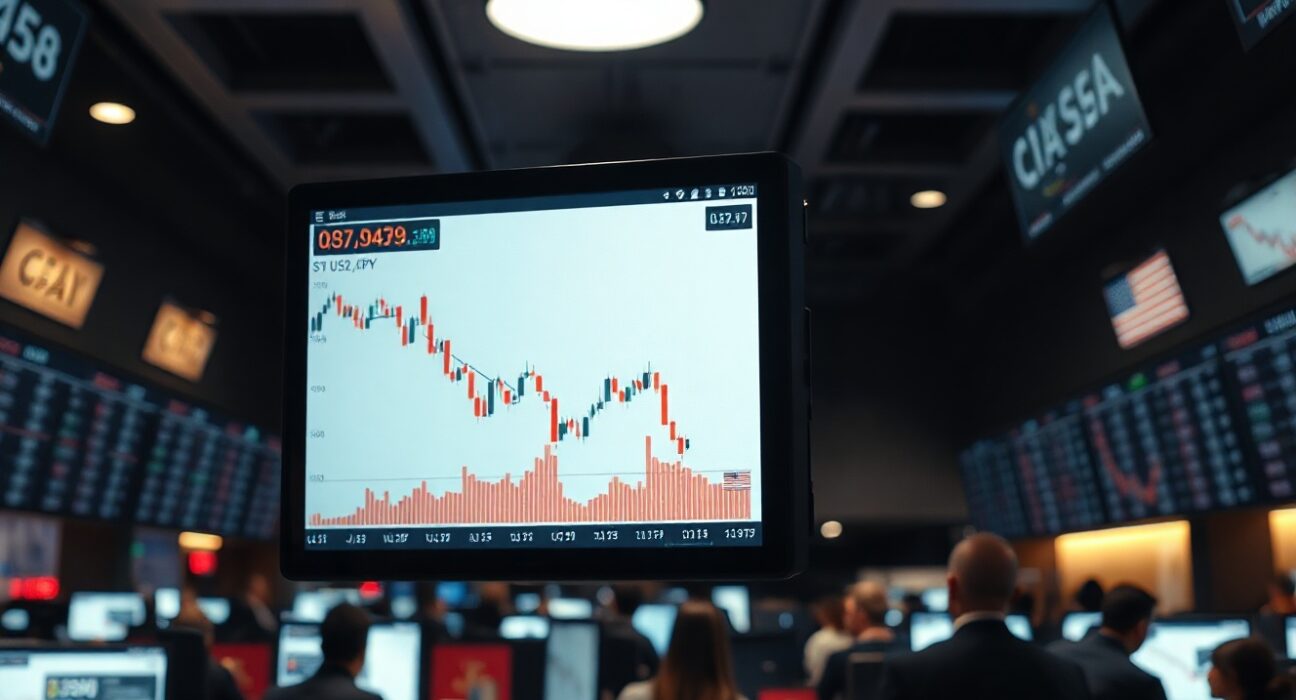 USD/JPY chart showing decline on trading floor screen