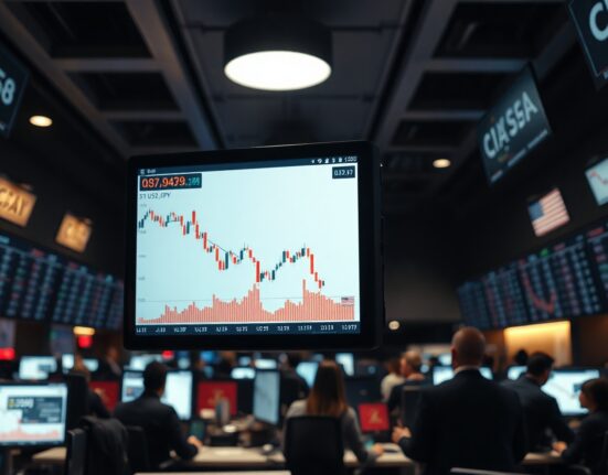 USD/JPY chart showing decline on trading floor screen