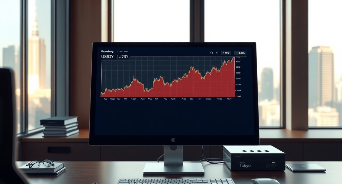 Analysis of USD/JPY currency pair and Bank of Japan policy on a financial trading terminal.