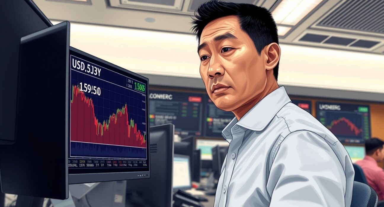 Trader in Tokyo monitors USD/JPY chart showing a pullback amid intervention warnings.