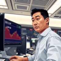 Trader in Tokyo monitors USD/JPY chart showing a pullback amid intervention warnings.