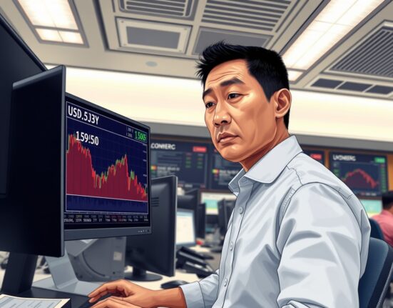 Trader in Tokyo monitors USD/JPY chart showing a pullback amid intervention warnings.