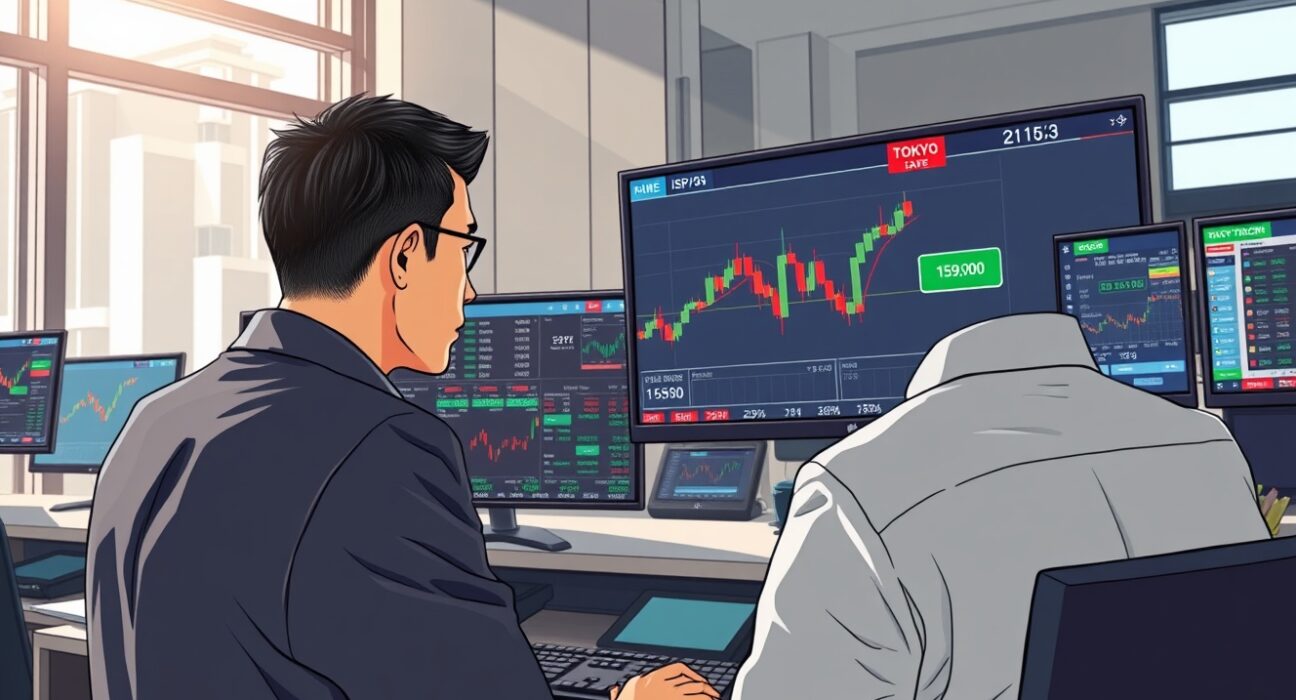 Forex trader in Tokyo analyzes USD/JPY surge to 159.00 amid Iran conflict news.